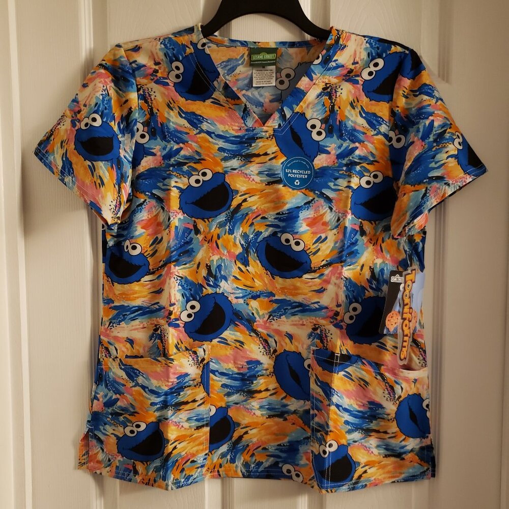 Cookie Monster Tooniforms Cherokee Scrubs Sesame Street V-Neck Scrub Top NWT